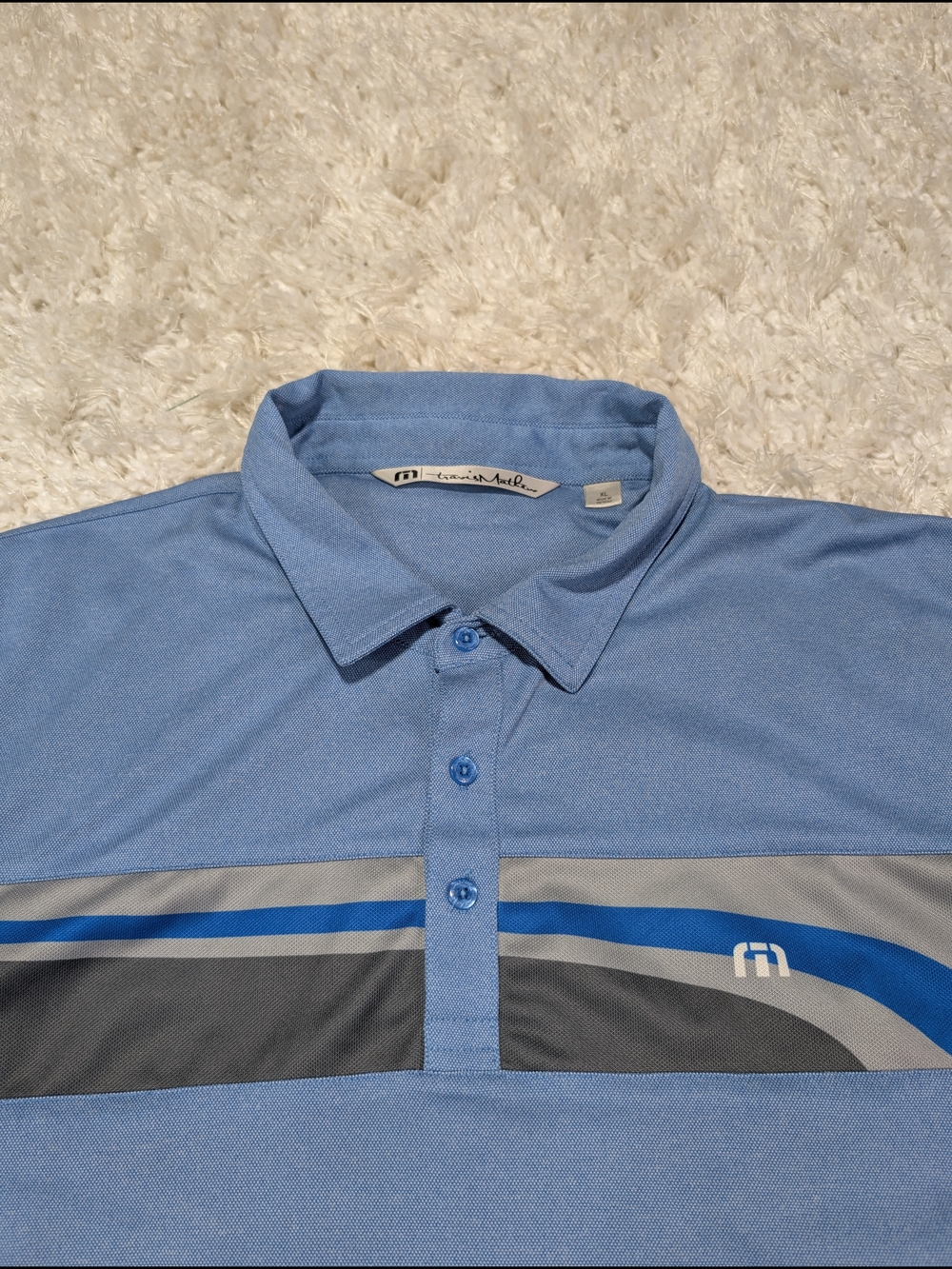 Travis Mathew Light Blue Polo with Gray and Royal Blue Stripes
